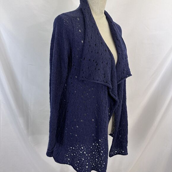 $328 Eileen Fisher 100% Merino Wool Waterfall Cardigan Open Knit Navy Blue PP - Picture 3 of 7